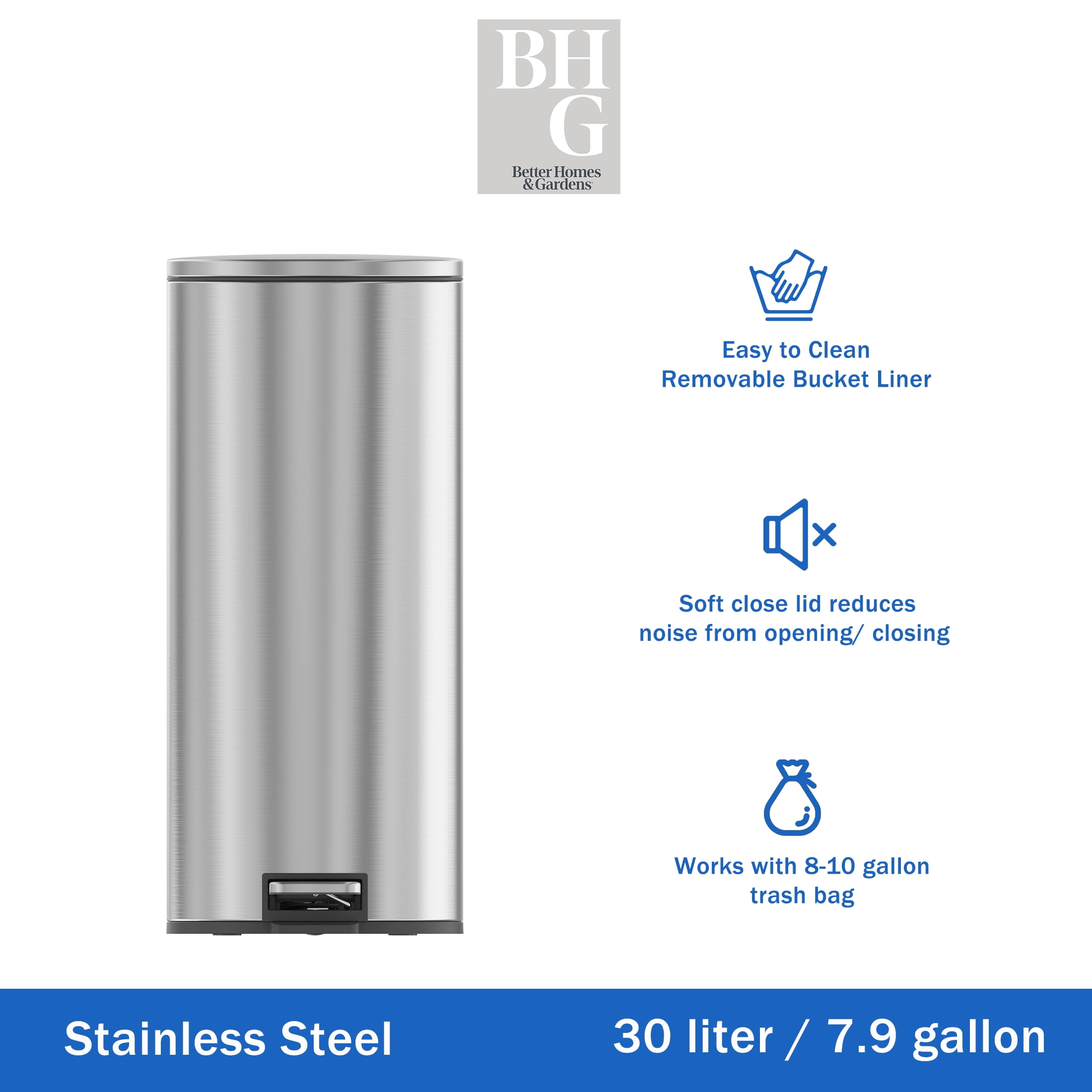 Better Homes & Gardens Kitchen Trash Can, 7.9 Gallon Stainless Steel Round Step Garbage Bin with Soft Close Lid, Silver