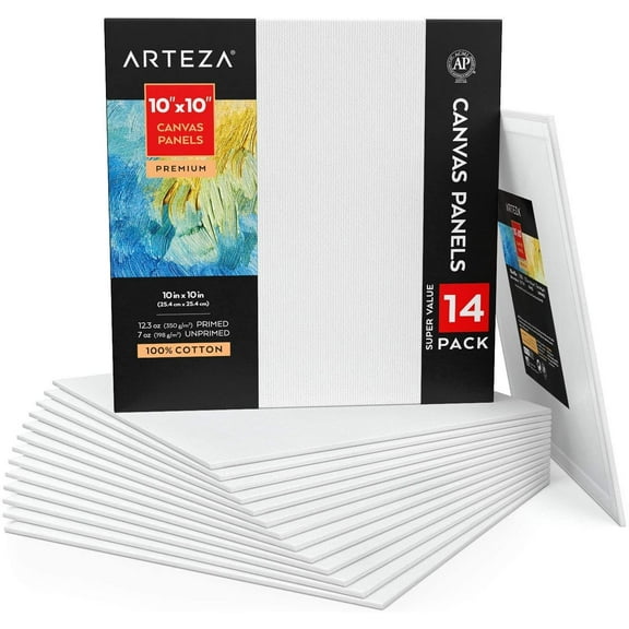 Arteza Canvas Panels, Premium, White, 10"x10", Blank Canvas Boards for Painting - 14 Pack