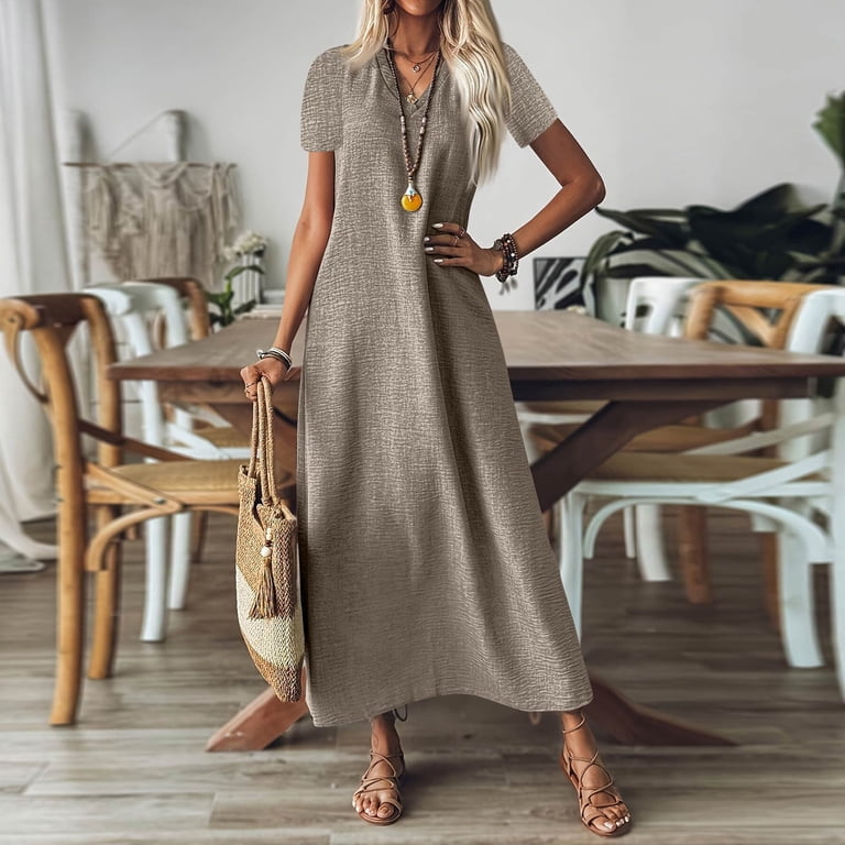 retro cotton linen maxi dress Qwertyu for Womens Dress V Neck Flowy Short Sleeve Solid Color Dresses Loose Plus Size Flowy Summer Shirt Dress with couture maternity gown Size:XXL (US18) Linen-blend midi dress - Long sleeve puff sleeves