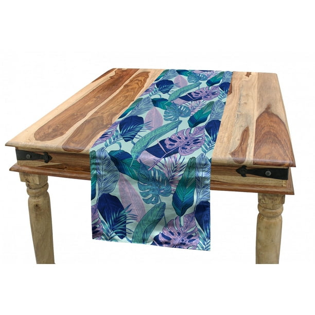 Tropical Table Runner, Wild Habitat of Detailed Exotic Leaves Depicted