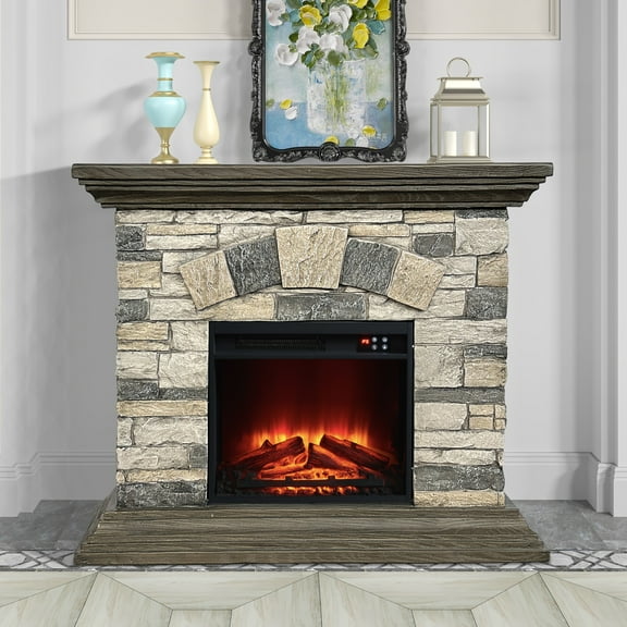 FESTIVO 40 in. Faux Stone Freestanding Electric Fireplace - 40" in Width - Bisque/Muddy