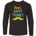 thumbnail image 3 of Inktastic Here Comes Trouble, Mustache - Blue Green Long Sleeve Youth T-Shirt, 3 of 5