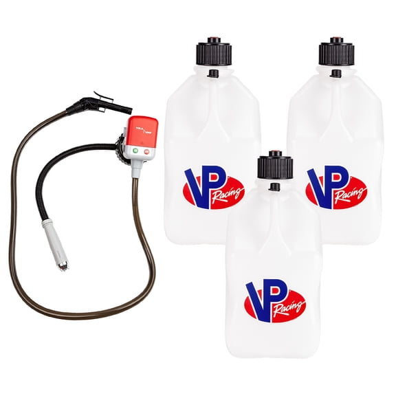 VP Racing Fuels 3522-CA, 3 Pack SQUARE Motorsport Container 5.5 GALLON - White, With Fluid Transfer Pump, 2 Deluxe Hoses, 2 Hose Benders