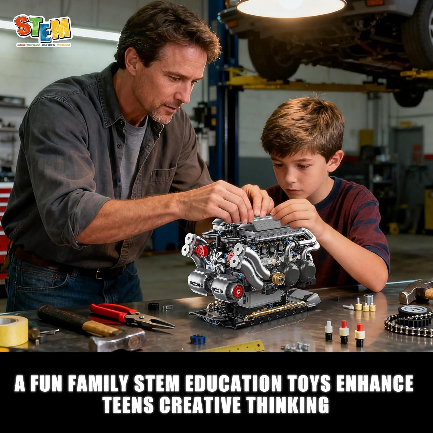 W16 Engine Building Blocks Set, STEM Mini 16-Cylinder Engine Model Kit That Runs, Compatible with Lego Car, DIY Physical Science Experiment