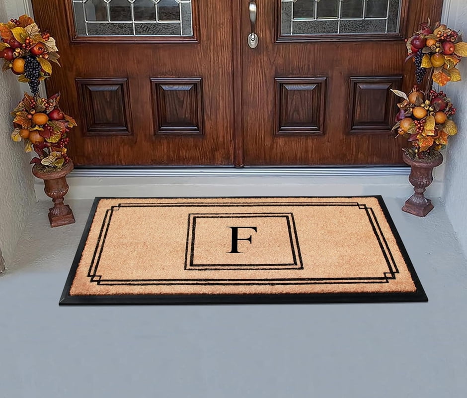A1 Home Collections Rubber & Coir Mat, Heavy Duty, Extra Large, Front Door Mat 24"X48", Black/Beige Doormat Monogrammed F