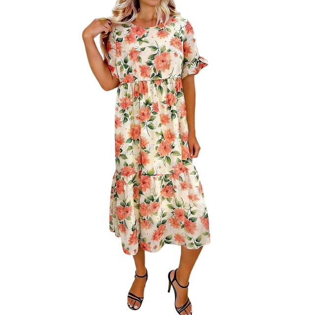 Vestido de Manga Estampada Casual de Manga Corta de Cuello Redondo para el Uso Diario de Primavera Verano de las Mujeres
