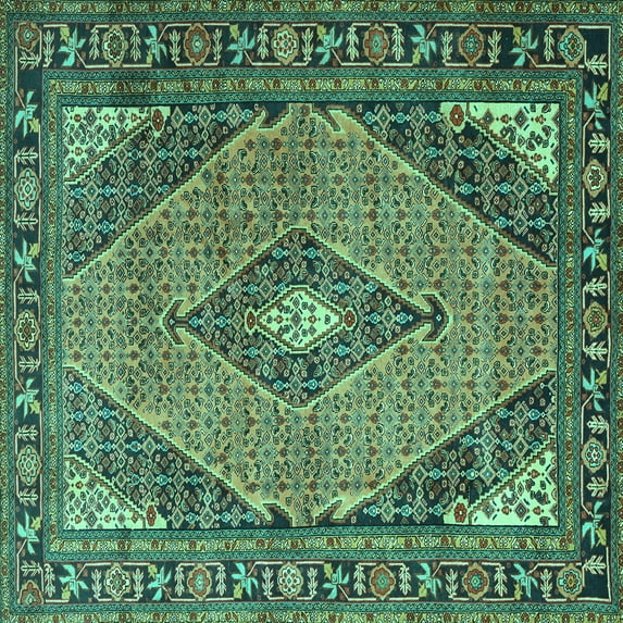 Ahgly Company Machine Washable Indoor Square Medallion Turquoise Blue Traditional Area Rugs, 3' Square