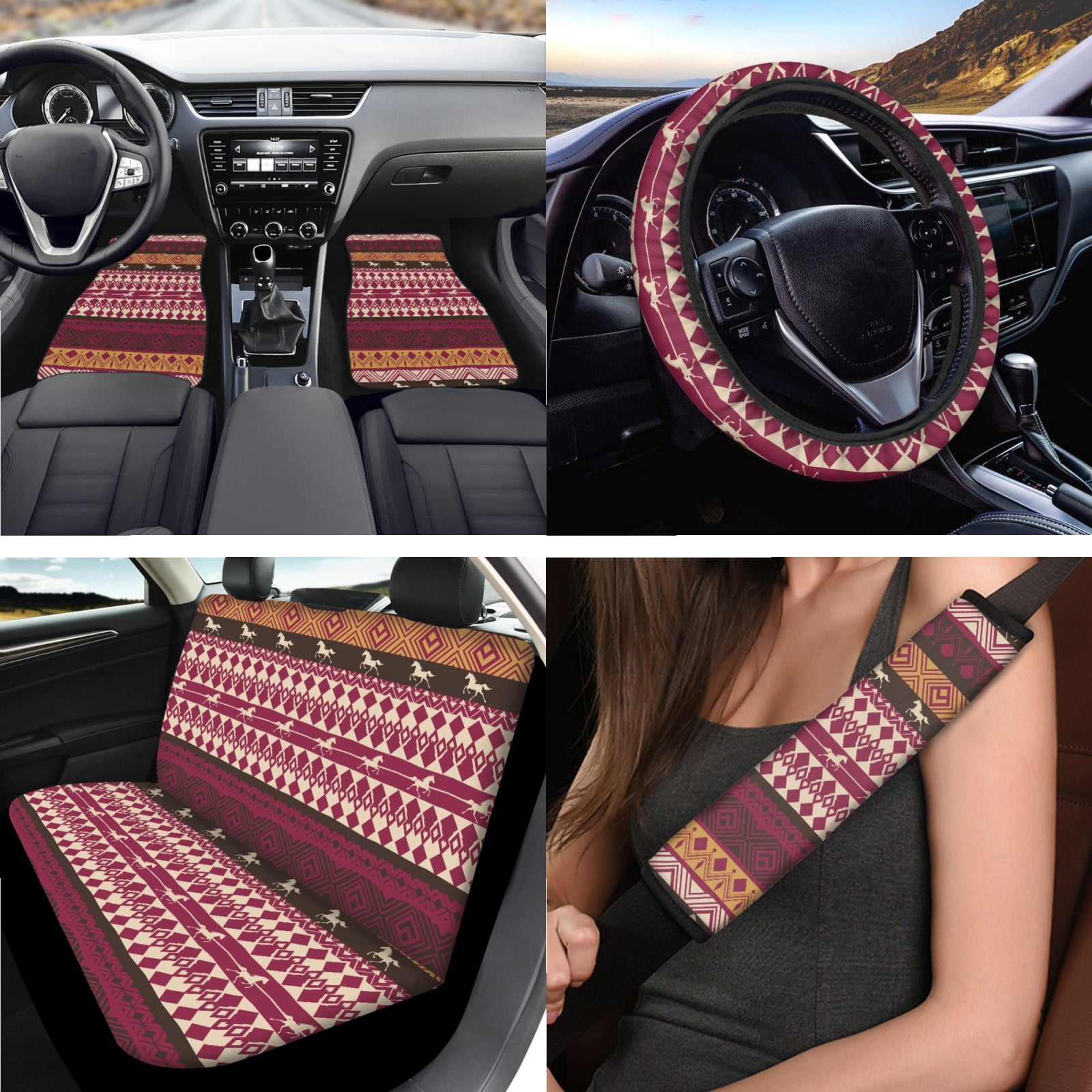 Jeiento Aztec Car Seat Cover Full Set Non Slip Car Floor Mats African Tribal Horse Steering Wheel Cover Seatbelt Pad Armrest Cover Cup Coaster Keychains Lipstick Holder Auto Accessories Set 17pcs