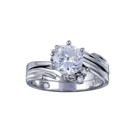 Rhodium Plated Sterling Silver 925 Clear Cubic Zirconia Engagement Ring Set Band White Female Size 5
