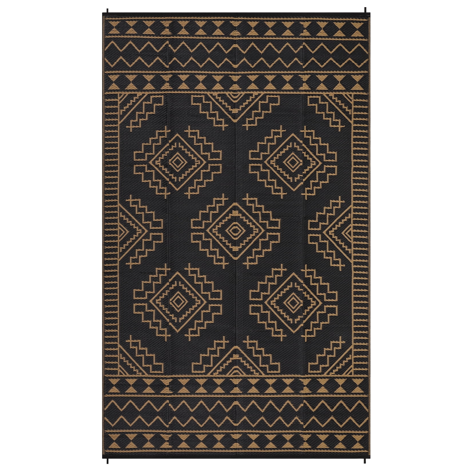 Nanan 9'x12' Outdoor Rug Geometric Waterproof Plastic Straw Rug, Reversible Portable Camping Rug for Patio Balcony Deck Backyard, Black Brown