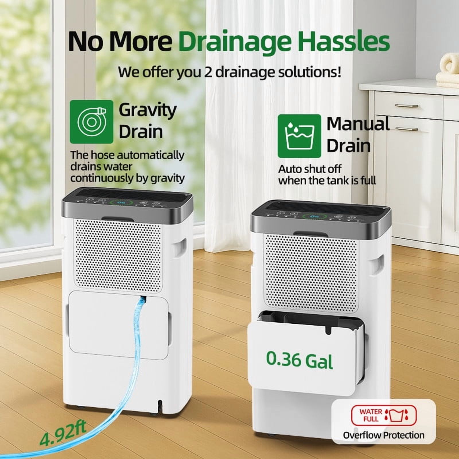 Edendirect 34 Pt 2,500 Sq.Ft. Efficiently White Dehumidifiers with Drain Hose and Bucket,,Auto Defrost,Low Noise