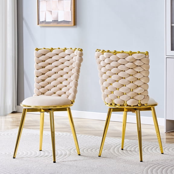 Oufan Luxury Dining Chair set of 2, Velvet Chair with Metal Legs & Upholstered, Accent Chair with Woven Rope Hight Backrest for Dining Room, Living Room