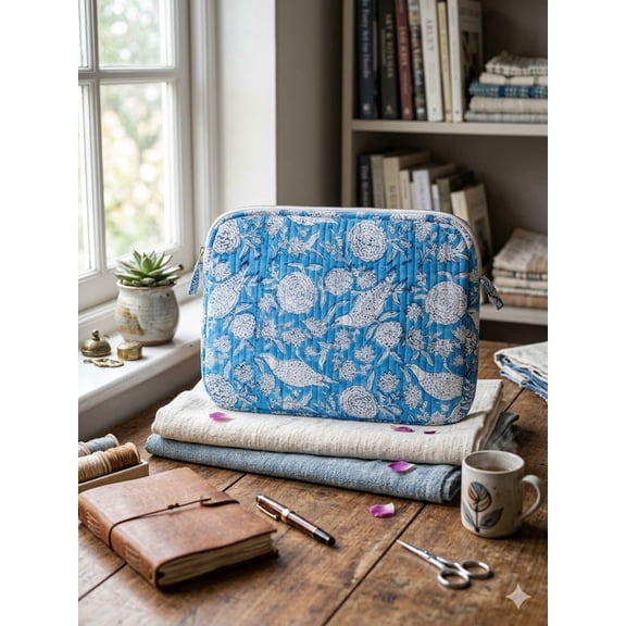 Elegant Blue Floral Quilted Cosmetic Bag Travel Makeup Organizer Zipper Pouch Toiletry Case Portable Storage for Beauty Essentials