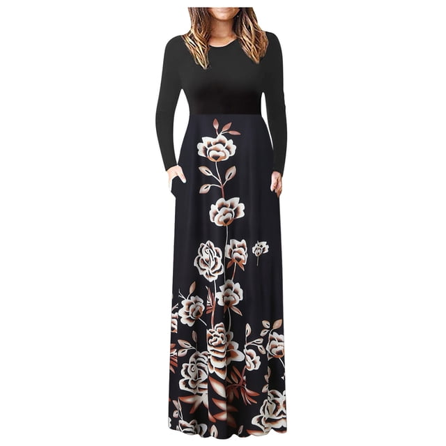 Vestido largo hasta el suelo con estampado de mariposa de manga larga con cuello redondo y empalme de moda informal para mujer Fridja nbo1272