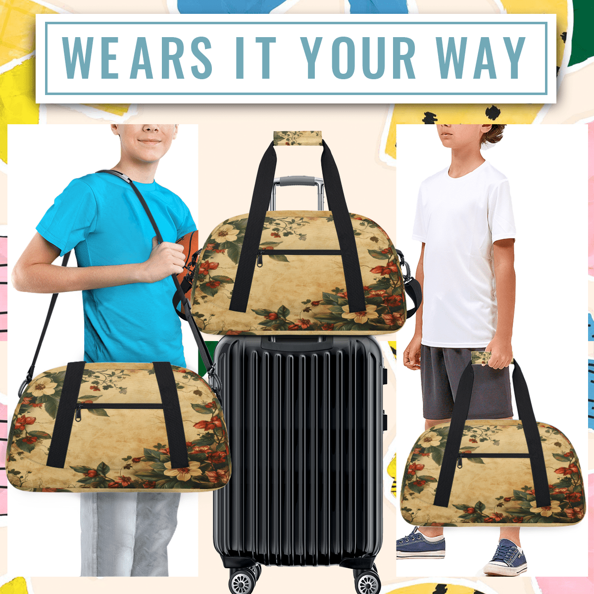 Herdesigns Retro Floral Sports Duffle Bag for Women & Men, Flower Vintage Modern Gym Bag Dance Bag Overnight Bag Carry On Weekender Travel Bag