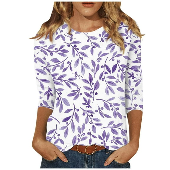 IROINNID Polyester Long Sleeve T Shirt for Women Comfortable Printed T-shirt Blouse Round Neck Tops,Purple