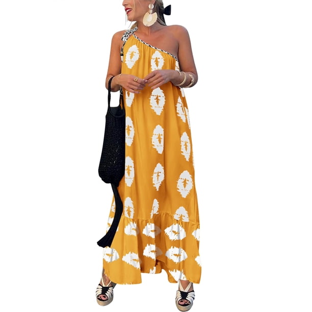 Vestido PRETTYGARDEN Maxi XL de un Hombro con Estampado Floral Blanco y Cúrcuma