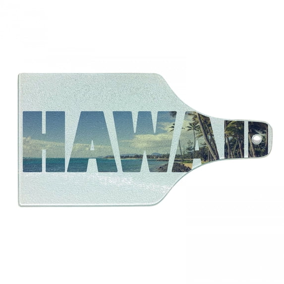 Hawaiian Cutting Board, Word Hawaii Tropical Island Photo Exotic Popular Places Palm Forest by Ocean, Decorative Tempered Glass Cutting and Serving Board, Wine Bottle Shape, Blue Green, by Ambesonne