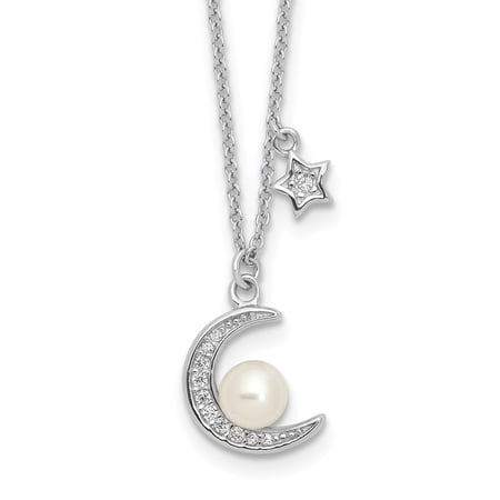 Diamond2Deal 925 Sterling Silver Rhod-plated CZ and Freshwater Cultured Pearl Moon and Star Necklace for Women 18"