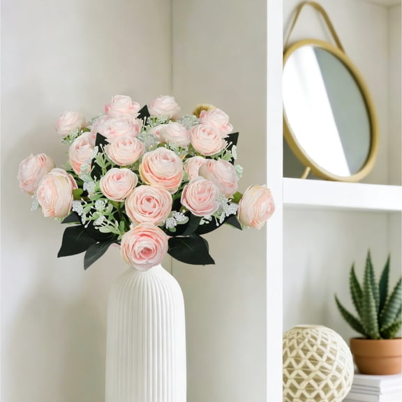 Artificial Camellia Rose 5 Forks 10 Heads Light Pink Fake Floral, Realistic Imitation Bouquet for Home Vase, Wedding & Party Decor, 29cm Length