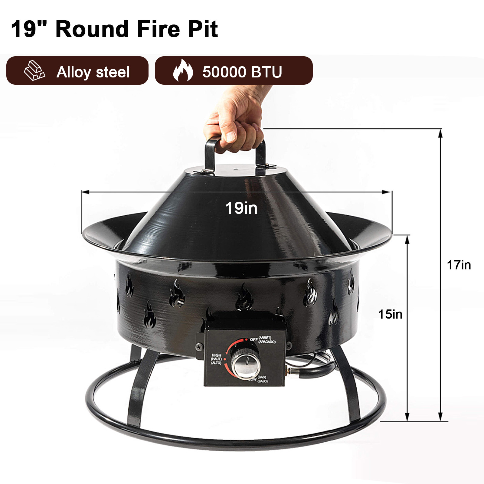 50000 BTU Portable Propane Gas Fire Pit, 19in Outdoor Smokeless Gas Fire Bowl with Adjustable Flame for Camping, Backyard, Small Round Firebowl