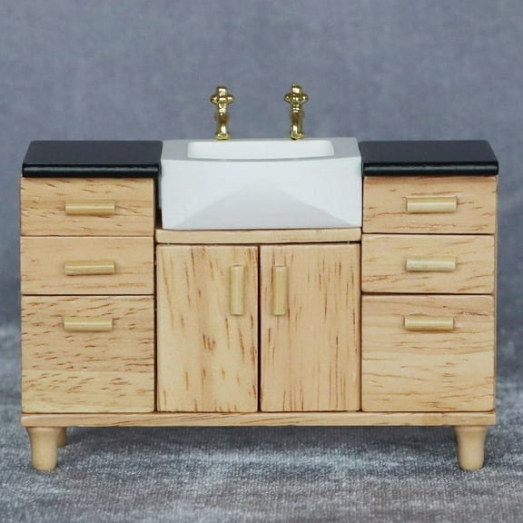 Clearance Under $10 1:12 Scale Wooden Wash Basin Cabinet Miniature Furniture Realistic Kitchen For Bathroom Kitchen Decor Khaki