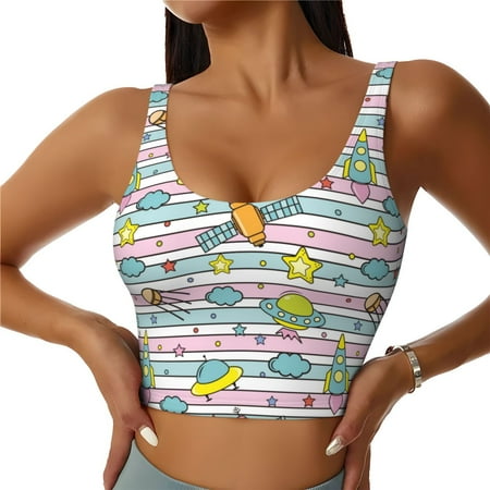 Jgfou Space Doodle Print Womens Sports Bra - Padded Workout Sports Bras Crop Tank Top