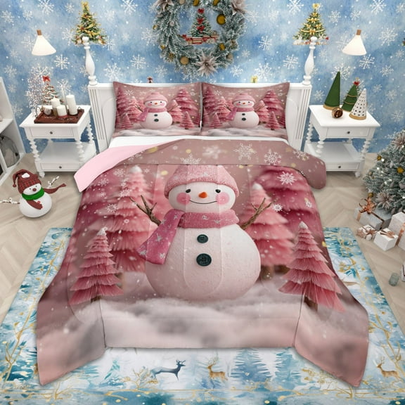 Homewish Girls Kawaii Snowman Bedding Comforter Set, Cute Pink Twin Comforter Sets, Merry Xmas Tree Bedding Set, Breathable Home Decor