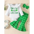 thumbnail image 2 of Bslissey Baby Girls Ireland Holidays Outfits Long Sleeve Letter Clover Print Romper + Plaid Flare Pants + Headband 3M-24M Infant Toddler Spring Fall 3Pcs Clothes Set, 2 of 10