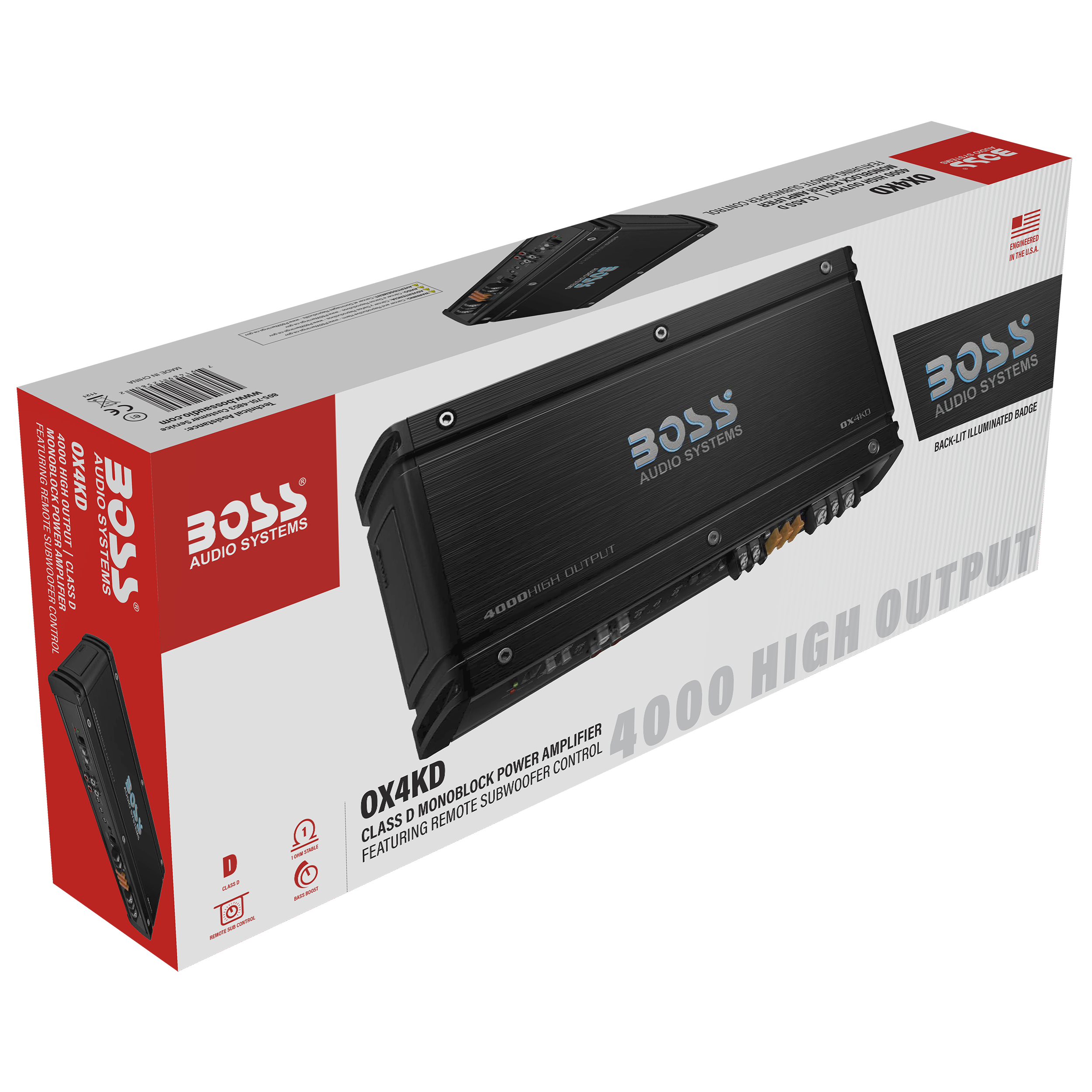 BOSS Audio Systems OX4KD Onyx Series Car Audio Subwoofer Amplifier – 4000  High Output, Class D, Ohm Stable, Low Level Inputs, Low Pass Crossover,  Low Pass Crossover, MOSFET Power, Monoblock, Stereo