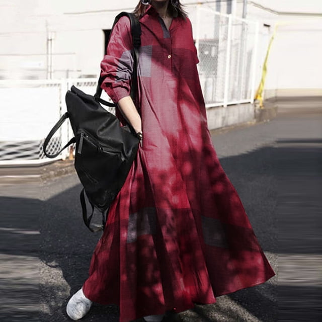 Vestido a cuadros vintage de algodón para mujer, cuello vuelto, manga larga, bolsillo lateral, Abanopi Vestido de mujer