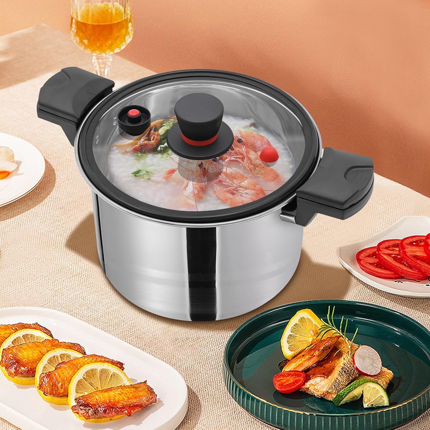 7L/7.4Qt Pressure Canner and Cooker for All Cooktop, Stainless Steel Pressure Cooker with Glass Lid, 60Kpa Pressure Pot Cooker Safer for Canning, 6-7 People (White)