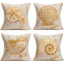 Vintage Decor Ocean Park Theme Throw Pillow Cover 18" X 18" Cotton Linen Conch Scallop Seashell Print Ocean Summer Beach Sea Voyage Pillowcases for Home Decoration, 4 Pack (Shell Set)