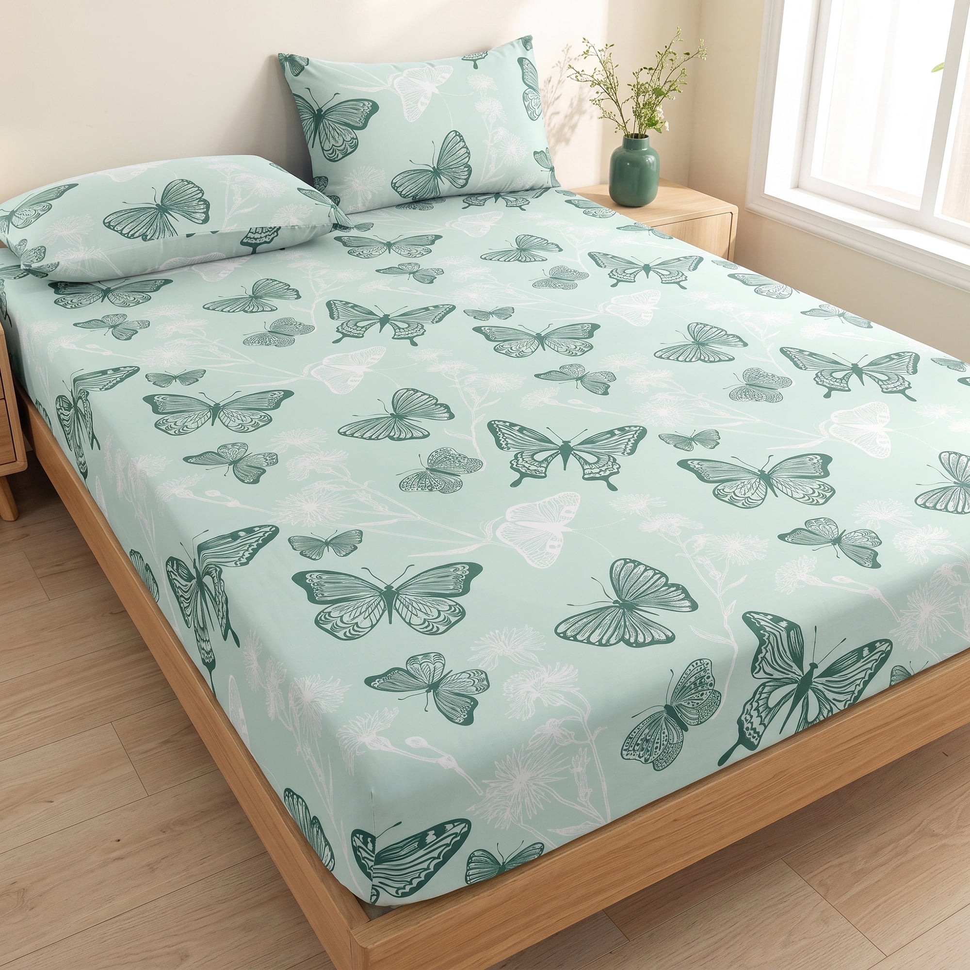 Unique Bargains Fitted Sheet Butterfly Pattern Microfiber Bed Sheets Green 60.2"x79.9"