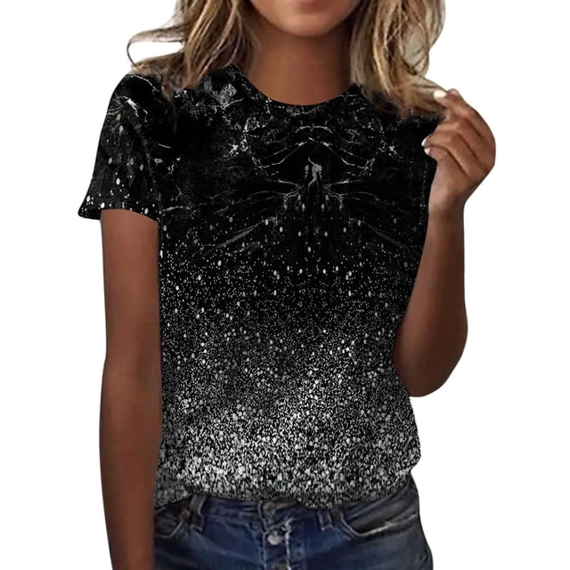 TSADFHJI Chandails pour Femmes en Coton Mode Décontractée pour Femmes Dégradé à Paillettes Imprimé Col Rond T-Shirt Ample