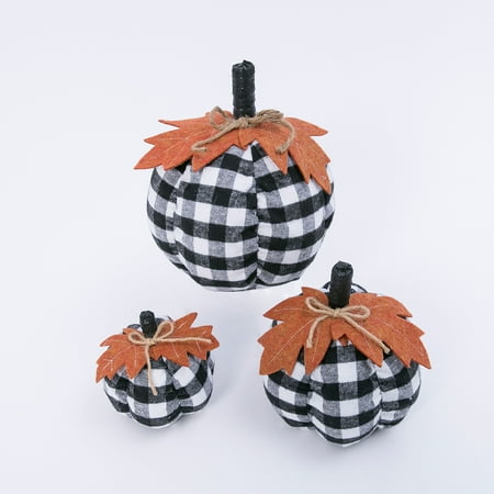 Gerson Set of 3 Assorted Sized Fabric Black and White Plaid Pumpkins Harvest Décor with Leaf Accent