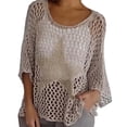 thumbnail image 2 of CHENjy Women's Boho Tops for Women Summer, Crochet Hollow Out 3/4 Sleeve Pullover, Loose Fit Resort Cover Up for Beachwear, S ,Khaki, 2 of 5