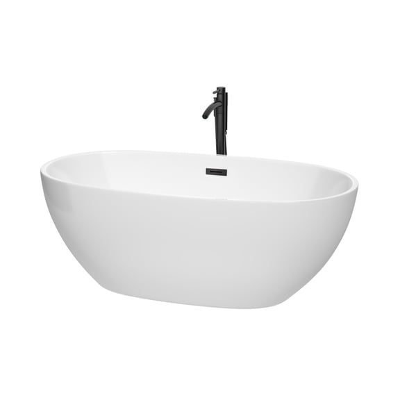 Juno 63 Inch Freestanding Bathtub in White with Floor Mounted Faucet, Drain and Overflow Trim in Matte Black