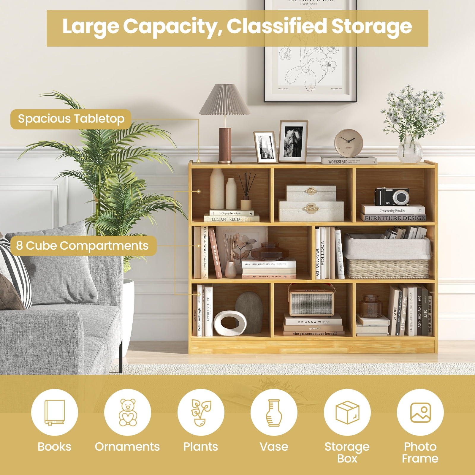 Topbuy 3 Tier Anti-Toppling Devices Modern 8 Cube Bookcase, Engineered Wood, 48"x 12.5" x 36.5"