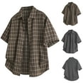 thumbnail image 5 of Chiccall Mens Colorblock Shirts Summer Striped Short Sleeve Button Down Plaid Casual Blouse Tops Black XXL, 5 of 5