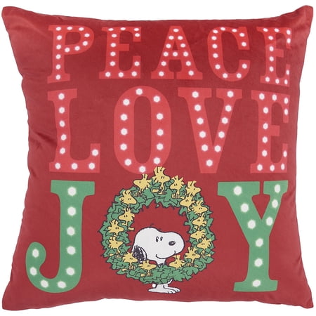 Peanuts 18 Square Fabric Light-up Peace Love Joy Throw Pillow in Red