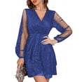 thumbnail image 5 of Women's Sequins Mini Dress Lantern Long Sleeve V Neck Mesh Splicing Glitter Cocktail Party Dress Short Dance Dress, 5 of 5