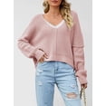 thumbnail image 5 of Women Casual V Neck Solid Color Long Sleeve Off Shoulder Loose Crop Pullover Sweater Tops, 5 of 8