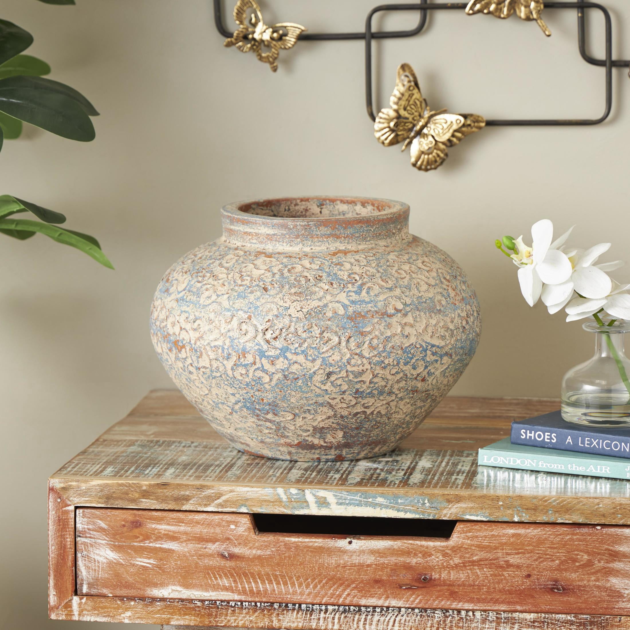 DecMode 10" Scroll Handmade Antique Style Wide Rounded Beige Ceramic Vase with Blue and Copper Accents