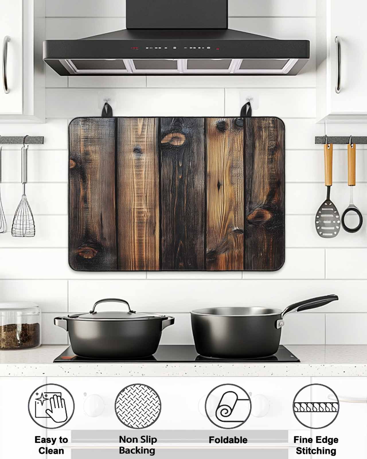 Stove Top Covers for Electric Stove 31x24 Inches, Black Brown Board Heat Insulation Fireproof Glass Cooktop Protector, Vintage Chic Shabby Wooden Grain Countertop Stovetop Cover for Kitchen