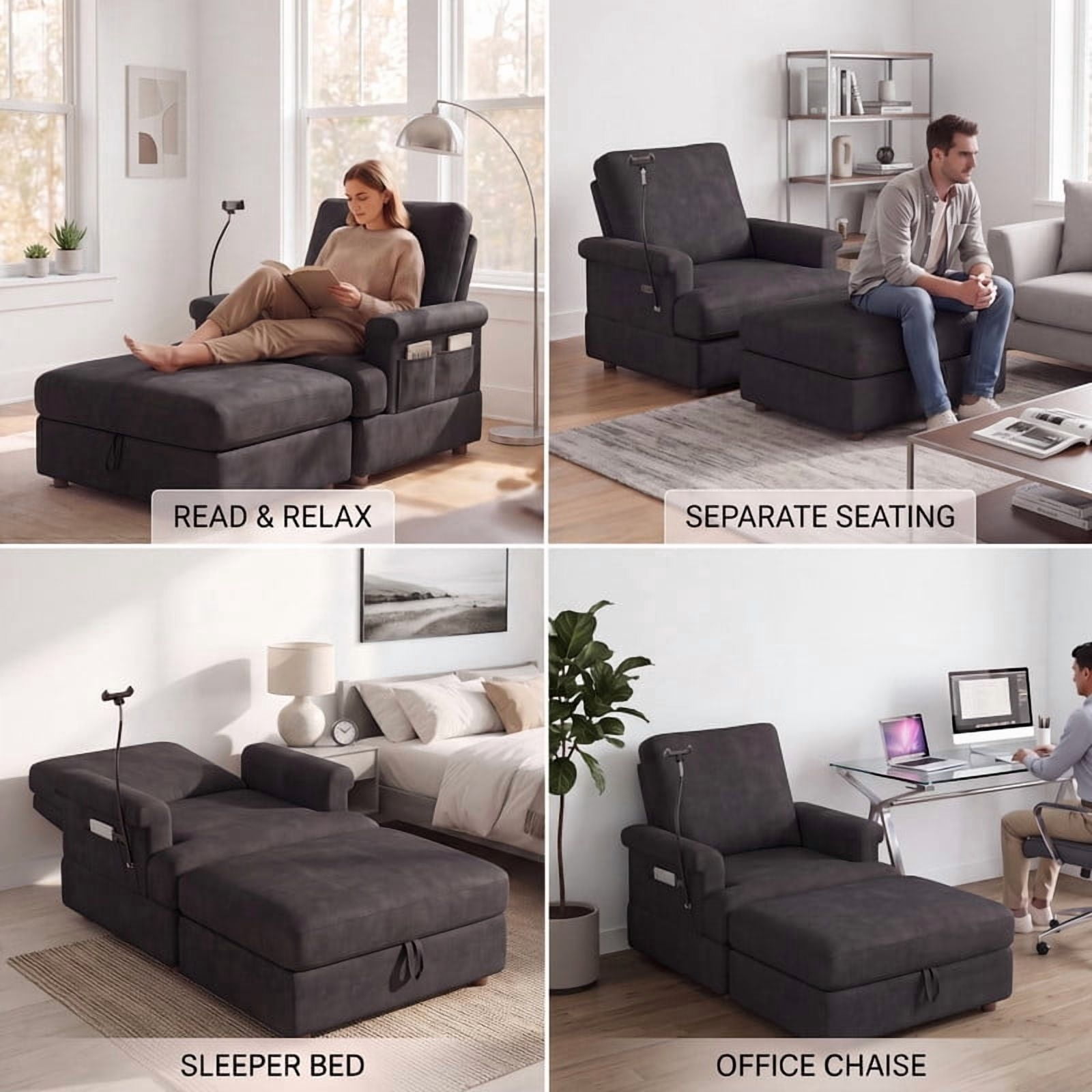 Gewnee 59" Chaise Lounge Chair Indoor, Oversized Chair with Ottoman, USB Ports&Phone Holder, Adjustable Indoor Lounge Chair for Living Room, Black