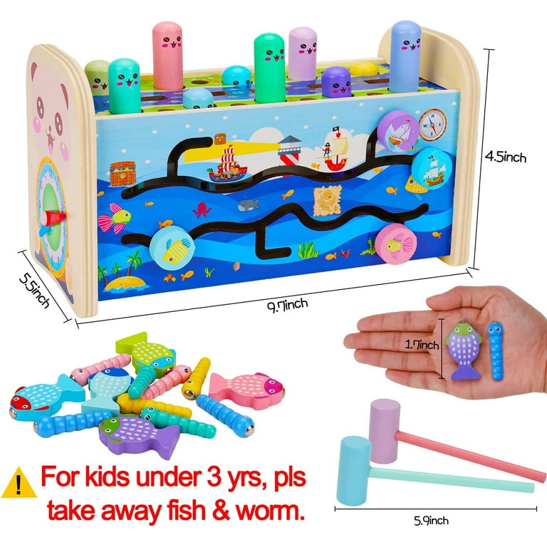 4 in 1 Hammering Pounding Toys Wooden Montessori Educational Fishing Game Xylophone Toy for 1 2 3 Year Old Baby Sensory Developmental Toy Fine Motor