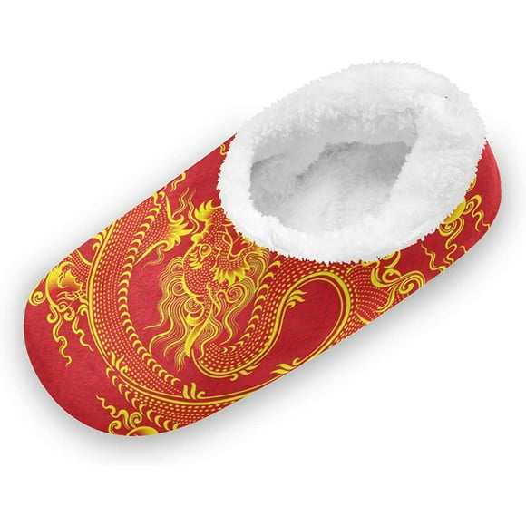 Red Chinese Dragon Fuzzy Feet Slippers for Women, Cute Coral Fleece-Lined House Slippers(227br4a)