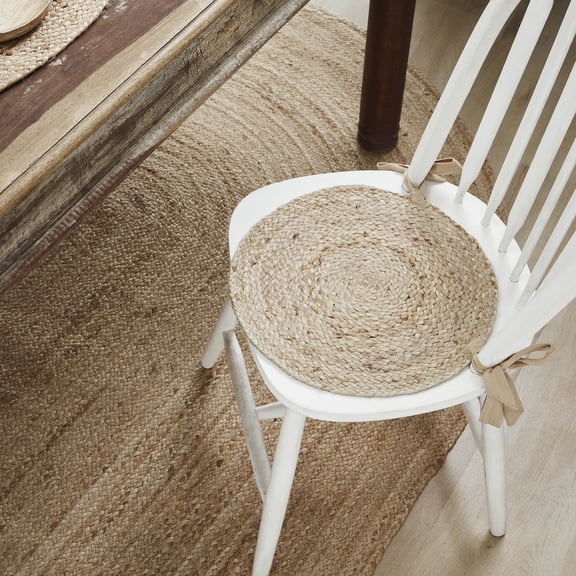 VHC Brands Jute Chair Pad, Jute Dining Room, Kitchen Chair Pads, Seat Cushion with Ties, Natural Jute Collection, Round 15x15, Natural