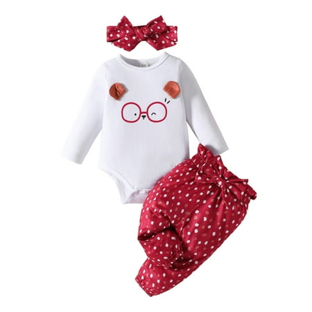 

Girls Outfit Long Sleeve Cartoon Prints Bodysuit Dot Pants Headbands 3 Piece Outfits Fashion Clothes Set For Toddler Kids
